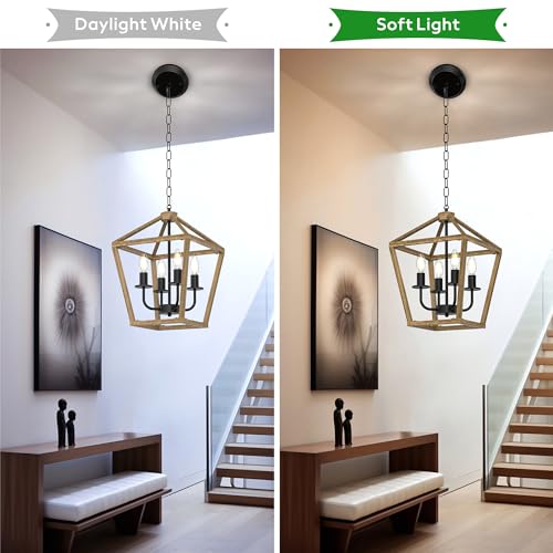 Image of Farmhouse Lantern Chandelier 4-Light, Industrial Brushed Rustic Oak Ceiling Light Fixture with Open Cage and Adjustable Hanging Height,Kitchen Island, Dining Room, Entryway, Foyer