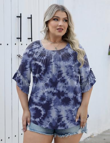 Image of Micoson Womens Plus Size Tops 3 /4 Ruffle Sleeve Crewneck Pleated Shirts