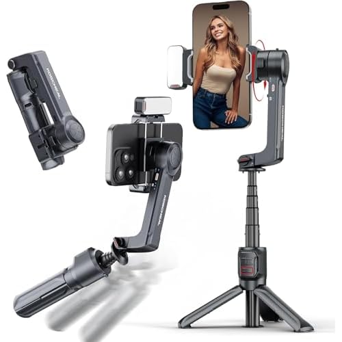 KOSCHEAL A10 Estabilizador para Smartphones,2-Axis Estabilizador de Movil con Luz de Relleno y Trípode con Mando Inalámbrico Rotación Automática de 360°Modo de Escena, No App, para videoblogs y TikTok