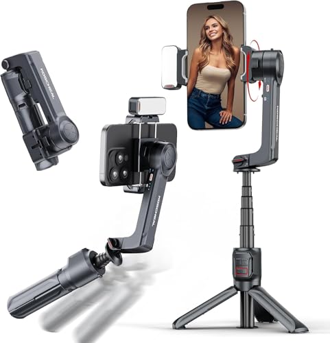 KOSCHEAL A10 Estabilizador para Smartphones,2-Axis Estabilizador de Movil con Luz de Relleno y Trípode con Mando Inalámbrico Rotación Automática de 360°Modo de Escena, No App, para videoblogs y TikTok