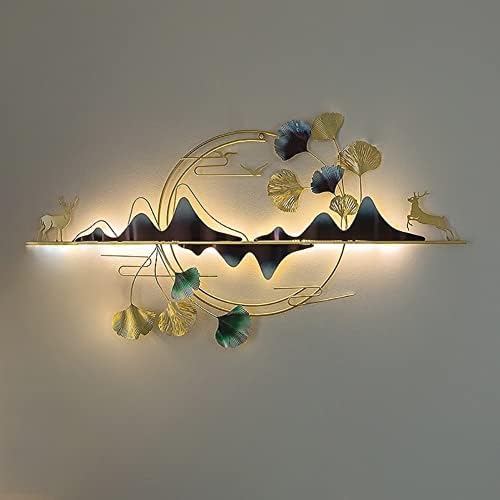 3D Metal Wall Decor Deer Ginkgo Biloba Leaves, Handmade Modern Home Decor Wall Sculptures Wall Hanging Artwork Decoration for Living Room Bedroom Kitchen 130X59cm (Color : with Light)