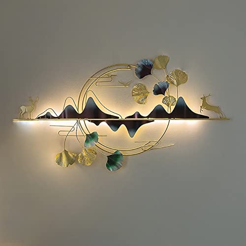 3D Metal Wall Decor Deer Ginkgo Biloba Leaves, Handmade Modern Home Decor Wall Sculptures Wall Hanging Artwork Decoration For Living Room Bedroom Kitchen 130X59Cm (Color : With Light) #TOP1