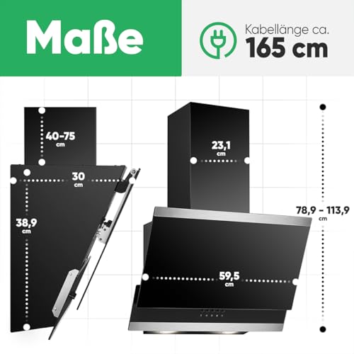 Bomann Dunstabzugshaube 60 cm | Umluft & Abluft | Energieeffizienzklasse B | leise | Abzugshaube mit 3 Leistungsstufen | inkl. Montagematerial | Schwarz | DU 7610 G