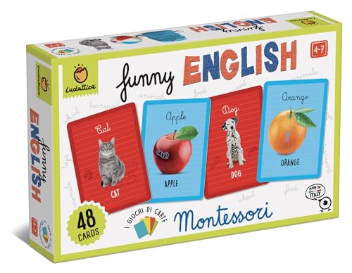 Ludattica - Jogos MONTESSORI - Funny English - jogo de cartas 4-7 anos para aprender inglês de forma fácil e divertida - 48 cartas de grande formato - Made in Italy