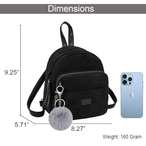 Sunwel Fashion Cute Mini Backpack 3 Way Carry Light-weight Corduroy Casual Daypack Detachable Keyring Fur Pom Pom Ball for Women (black)4