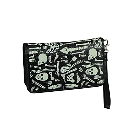 Glow in the Dark Skeleton Print Black Vinyl Wallet With Removable Wrist Strap