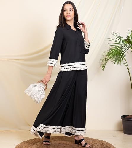 Image of DEEBACO Women's Solid Summer Cool Ankle Length Shirt with Palazzo|Shirt Collar|Cord Set for Women Fashion|Long Jumpsuits Western Dress for Women Stylish|Two Piece Co ord Set|Party Casual Wear(Black)