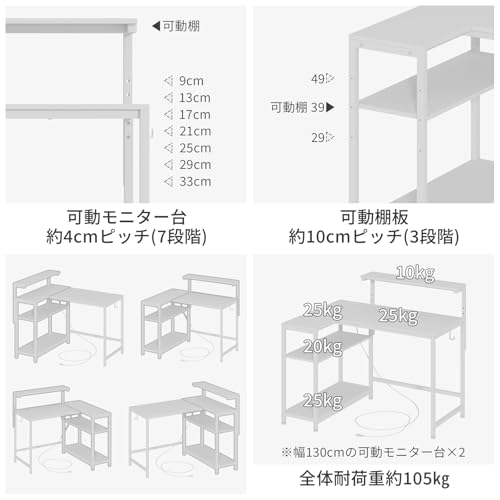 MoonMeguriデスク L字型 モニター台・引き出し付き 幅110奥行80高さ72cm 高さ7段階調節（12～36cm対応）Ｌ型デスクの左右交換・可動棚板・可動モニター台 学習・オフィス・ゲーム・書斎 ブラック・ホワイト2色 (ホワイト, 幅110cm) [2]