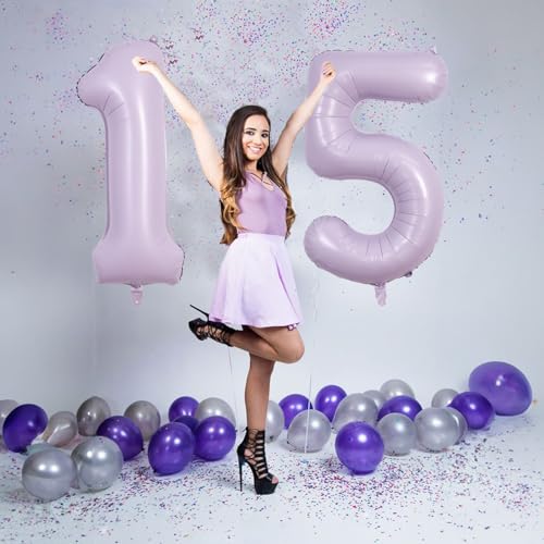 Image of Light Purple 15th Birthday Balloons, 40 Inch Dusty Pastel Purple Mylar Foil Number 15 Balloons for Girls, Lavender Birthday Party Balloons Numbers 1 & 5 for Women 51st Anniversary Decorations Supplies