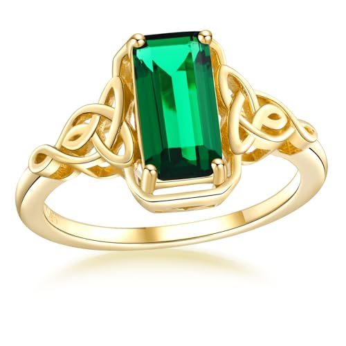 Celtic Knot Ring Sterling Silver 14K Yellow Gold Plated Lucky Trinity Emerald Cut Engagement Rings Amethyst/Peridot/Aquamarine/Ruby/Blue Topaz/Green Emerald/Sapphire Solitaire Signet Ring for Women