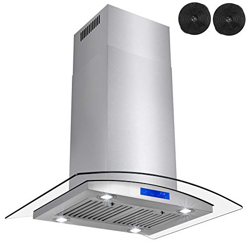 FIREBIRD 36" Stainless Steel Island Mount Range Hood with Tempered Glass, LED Light, Touch Control Panel and Carbon Filters