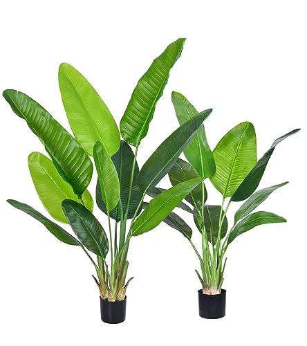 Artificial Bird of Paradise Plant, Fake Tree with Realistic Leaves and Durable pots, Adjustment-Free Branches Artificial Tree for Indoor Outdoor Home Decor (4FT&5FT 2Packs)
