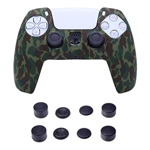 Silicone Cover Skin Case Accessories for Sony PS5 Controller with Pro Thumb Grips Caps Set Camo Green Cover