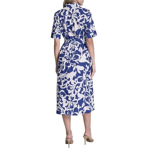 Image of DKNY Women's Short Sleeve Cotton Poplin Collared Midi Shirtdress