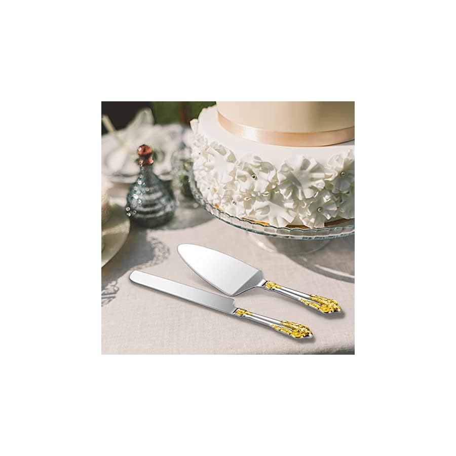 KEAWELL Gorgeous Wedding Cake Knife and Server Set, 18/10 Stainless Steel, Fine Luxury Cake Cutting Set (Gold Accent)