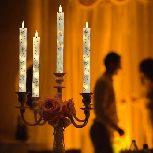 Image of Floral Candles Remote Candlesticks-10inches Timer Flickering Battery Operated Candle Chinoiserie LED Taper Candles Lights for Home Wedding Tea Party Windows Decor,3PCS-RFL