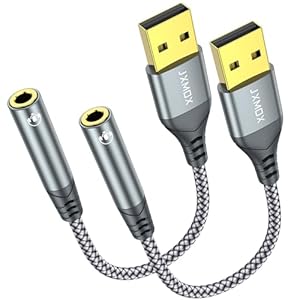 JXMOX USB to 3.5mm Audio Adapter (2-Pack) – USB-A to 3.5mm TRRS 4-Pole Female External Stereo Sound Card for Headphones, Mac, PS4, PS5, PC, Laptops, Desktops