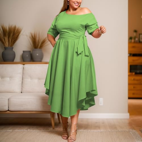 Image of Plus Size Women Wedding Guest Dress Off Shoulder Boat Neck Irregularly Flowy Midi Church Dress
