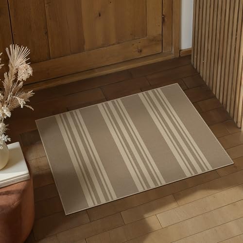 PureCozy Striped Easy Jute Rug 2x3 Khaki Entryway Carpet Washable Non Slip Door Mat Farmhouse Neutral Non Shedding Entry Small Indoor Outdoor Rug for Kitchen Bedroom Mudroom Bathroom 2' x 3'