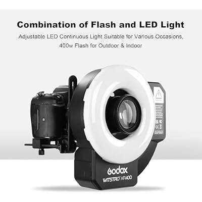Godox Wistro AR400 Lightweight Ring Flash with Li-Ion Battery Unibody Design and Shadow-Free Illumination (Black)