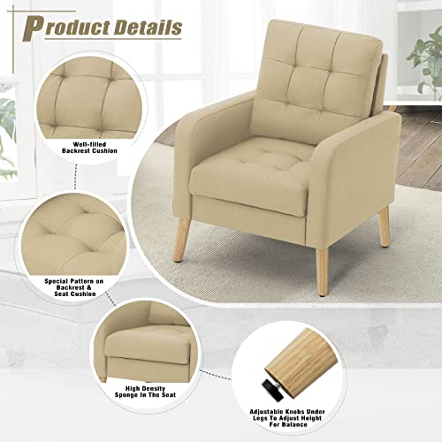 Famitop Upholstered Fabric Accent Chair With Well-Filled Backrest, Tufted Single Chair, Modern Reading Chair For Living Room, Studio, Office, Dressing Room, Beige #TOP2