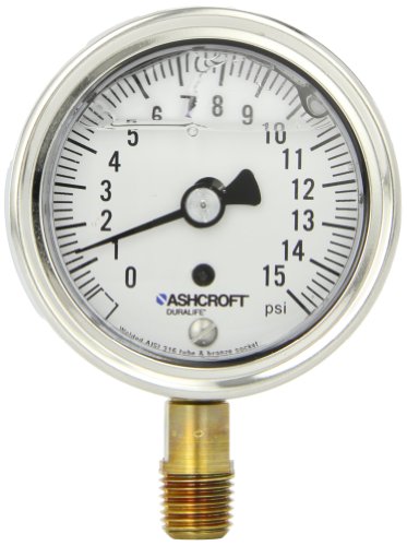 Ashcroft Duralife Type 1009AW Stainless Steel Case Pressure Gauge with Bronze System, 2.5