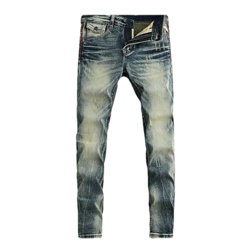 Mens Street Jeans Retro Washed Blue Stretch Slim Fit Ripped Jeans Men Pocket Designer Vintage Casual Denim Pants