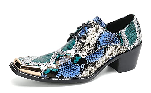 Mens Oxfords Casual Dress Shoes Genuine Leather Metal Square Toe Snakeskin Texture Derby Fashion Prom Wedding Formal Business Shoes Western Party Singer Heel Tuxedo Shoes for Men