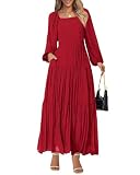 BTFBM Women Formal Dress Spring Square Neck Puff Long Sleeve Smocked Tiered Flowy Wedding Guest Maxi Dresses Pockets(Red, Small)