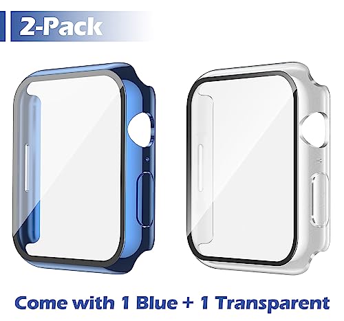 Image of Misxi [2 Pack] Waterproof Case with Button for Apple Watch SE 3 (2025) SE 2 SE Series 6 Series 5 Series 4 44mm, PC Cover with Tempered Glass Screen Protector for iWatch, 1 Blue + 1 Transparent