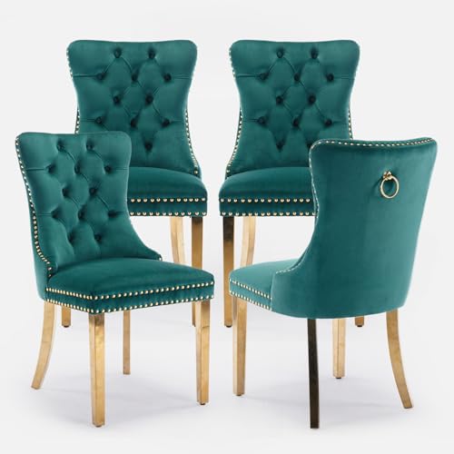 SoarTalent Juego de 8 Sillas de Comedor de Terciopelo con Patas Plateadas y Tapizado de Clavos, Anillo de Metal, Estilo Moderno
