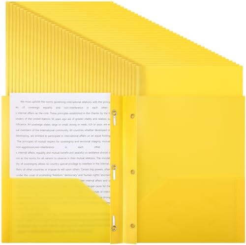 48 Packs Plastic Folders with Pockets 2 Heavy Duty Pocket Folders with 3 Prongs and Fasteners for School Office (Yellow)