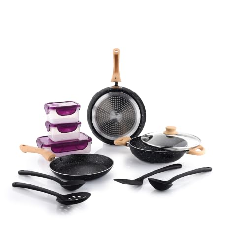 Image of Crystal Aluminum 11 Pcs Non Stick Cookware Set with Induction Bottom | Tawa, Fry Pan, Kadhai with Lid, 4 Serving Spoons, 3 Containers | 4 Layer Non Stick Coating | PFOA Free | Black