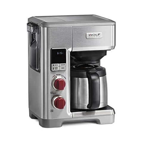 WOLF GOURMET Programmable Coffee Maker System with 10 Cup Thermal Carafe, Built-In Grounds Scale, Removable Reservoir, Red Knob, Stainless Steel (WGCM100S) Cover