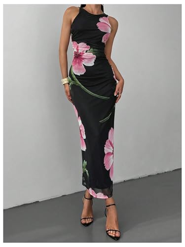 Women's Floral Print Crew Neck Tank Dress Sleeveless Bodycon Mesh Maxi Dresses3