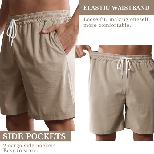 Image of Mens Corduroy Shorts Cotton Blend Lightweight Soft Summer Shorts Elastic Waist Beach Casual Short for Men with Pockets