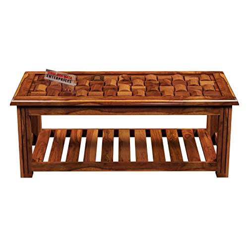 Image of Sheesham Wooden Centre Table with Storage Shelf for Living Room with Glass Top - Solid Wooden Coffee Table - Teapoy Tea Table Sofa Table & Center Table with Storage (Stern Honey)