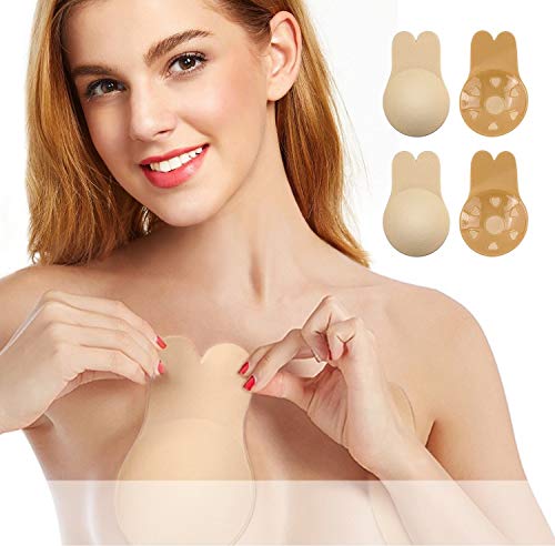 Invisible Bra Adhesive Bra, Breast Lift Tape Reusable Breast Pasties Nippleless Covers Invisible Rabbit Ear 2 Pair (Beige, Large)