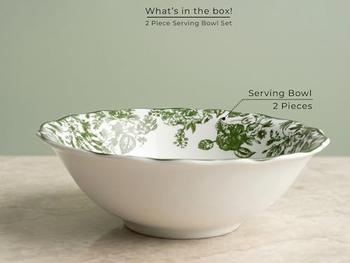 Image of Bodhi House 2-Piece Green Leaf White Porcelain Serving Bowl Set | Lightweight, Chip Resistant, | Microwave & Dishwasher Safe | Elegant Tableware for Home Dining, Parties, Serving & Gifting Use