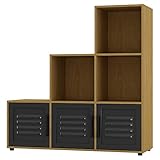Design 4 portes Étagère de rangement en bois de hêtre avec 6 étagères en métal et portes en bois (porte noire, porte en métal)