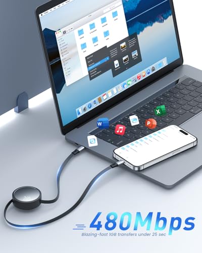 Image of CAFELE 240W Retractable USB-C Cable, USB-C to USB-C Cable 5A Fast Charger Cord, 5-Stage Adjustable Length USB Type-C Charger Cord for iPhone 17, 16, 15 Pro Max, S24 /S23, MacBook, iPad (3.9ft)