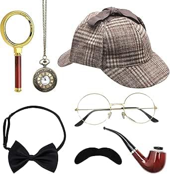 Sherlock Holmes, zestaw 7 akcesoriów do kostiumu detektywa, akcesoria do kostiumu detektywa, sztuczne okulary, wąsy, muchy, detektyw, cosplay, rekwizyty karnawałowe