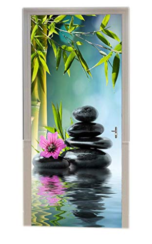 A.Monamour Stickers Muraux Vert Bambou Pierres De Roche Noires dans Lac Lac Zen Jardin Yoga Spa Décor Art Vinyle Porte Autocollants Peintures Murales De Papier Peint Amovibles Affiches Bricolage