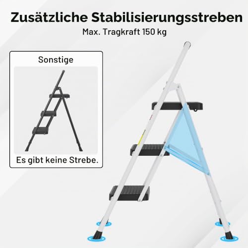 BONTEC Trittleiter 3 Stufen Klappbar, 150 kg Kapazität, Stahl, Weiß
