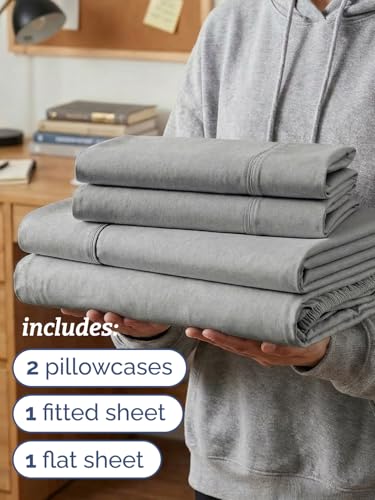 Image of Twin XL 4 Piece Sheet Set - College Dorm Room Essentials - Heathered Grey | Ultra Soft Dorm Bedding Set, 8 inch to 16 inch Inch Deep Pockets, 1 Flat & 1 Fitted Sheet & 2 Pillowcases, Wrinkle & Fade Free