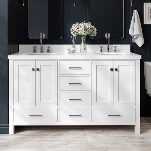 ARIEL Cambridge 61 Inch White Bathroom Vanity Double Sink, Solid