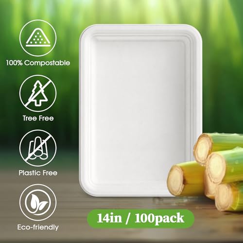 ECOLipak 100 Pack 14 Inch Disposable Food Crawfish Trays, Compostable Large Paper Plates, Disposable Thanksgiving Trays for Serving Food, Turkey, BBQ, Seafood Boil Party Supplies(White) - Thumbnail 6