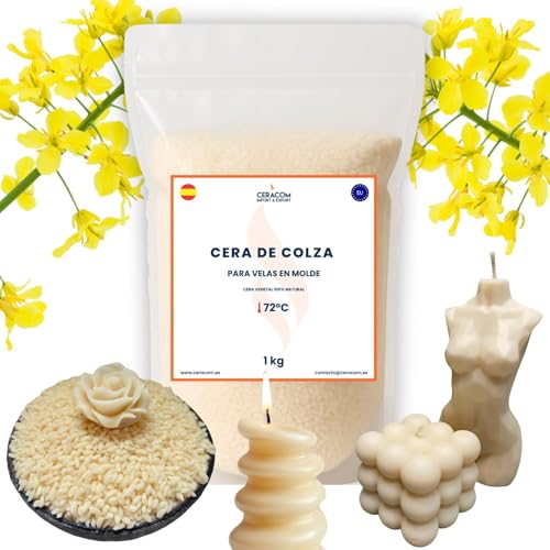 CERACOM Cera de Colza para Velas en Molde 1kg – Cera Vegetal Natural Alto Punto de Fusión (72°C) – Ideal para Velas Moldeadas, Aromáticas y Decorativas – 100% Natural, Sin Parafina