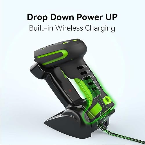 Alacrity Upgraded 2D Industrial Barcode Scanner with Wireless Charging Stand, 1968 Feet Transmission Distance 433Mhz Wireless & Bluetooth 2in1 Barcode Reader, Shock Dust Proof Hands Free, Green by alacrity - Image 4