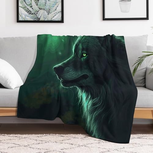 Couverture de lit décorative loup vert pour soirées cocooning et lit